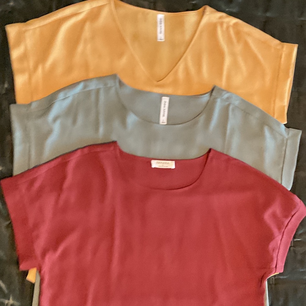 Zenana Outfitters Short Sleeve Tee Trio in Rust, Sage, and Mustard